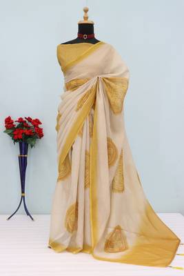 cream yellow cotton blend zari weaving floral digital print festive saree with unstitched blouse piece 1