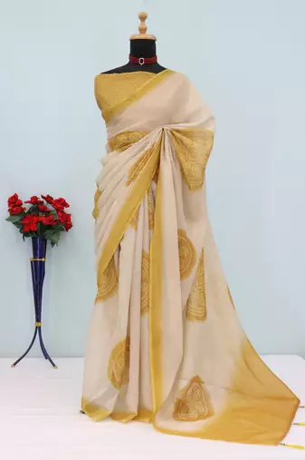 cream yellow cotton blend zari weaving floral digital print festive saree with unstitched blouse piece
