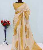 cream yellow cotton blend zari weaving floral digital print festive saree with unstitched blouse piece