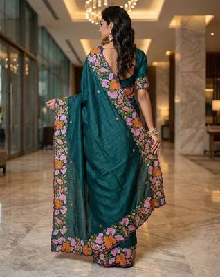 green smart manipuri silk blend saree with multy thread embroidery work looks 2