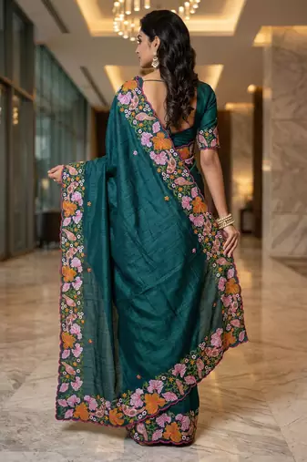green smart manipuri silk blend saree with multy thread embroidery work looks