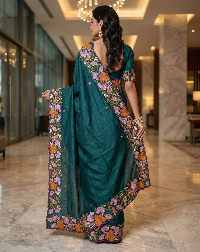 green smart manipuri silk blend saree with multy thread embroidery work looks
