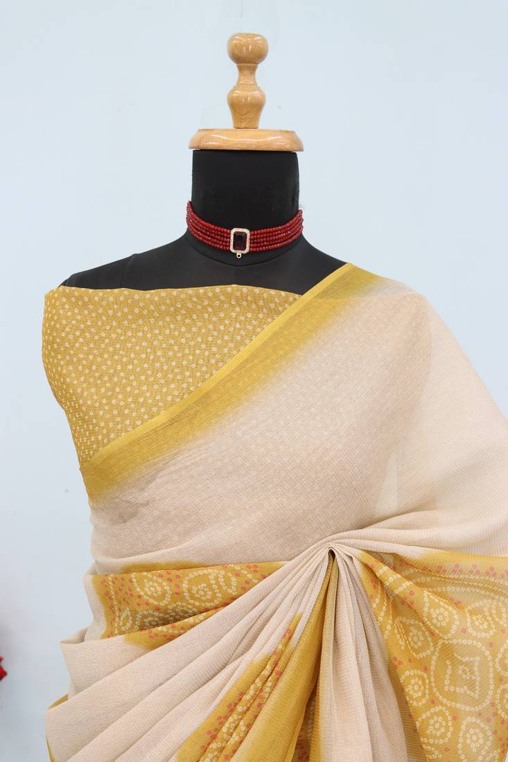 cream yellow cotton blend zari weaving floral digital print festive saree with unstitched blouse piece