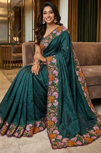 green smart manipuri silk blend saree with multy thread embroidery work looks