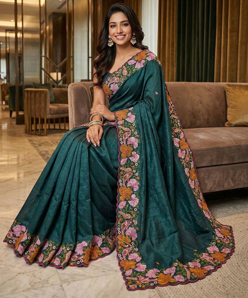 green smart manipuri silk blend saree with multy thread embroidery work looks