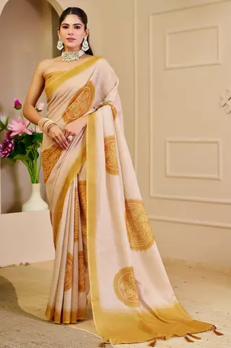 cream yellow cotton blend zari weaving floral digital print festive saree with unstitched blouse piece
