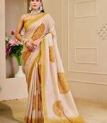 cream yellow cotton blend zari weaving floral digital print festive saree with unstitched blouse piece