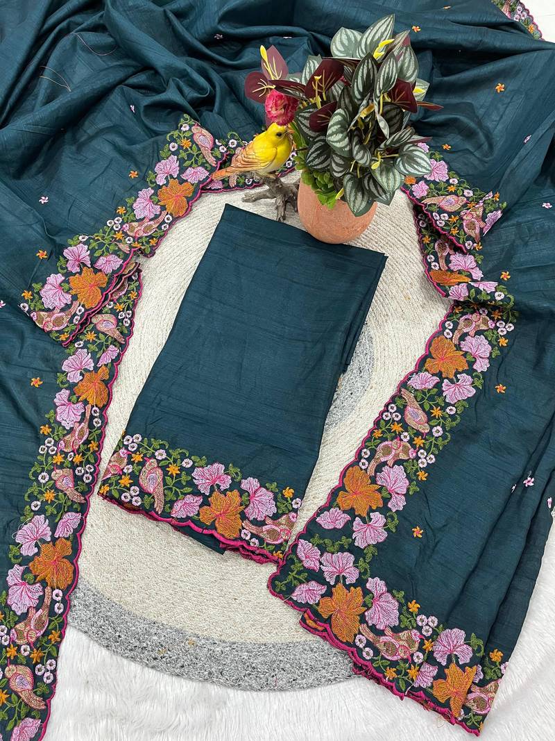 green smart manipuri silk blend saree with multy thread embroidery work looks