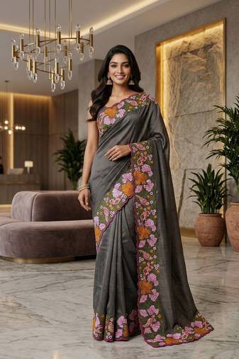 grey smart manipuri silk blend saree with multy thread embroidery work looks