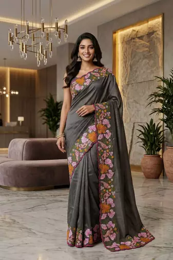 grey smart manipuri silk blend saree with multy thread embroidery work looks
