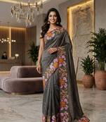 grey smart manipuri silk blend saree with multy thread embroidery work looks