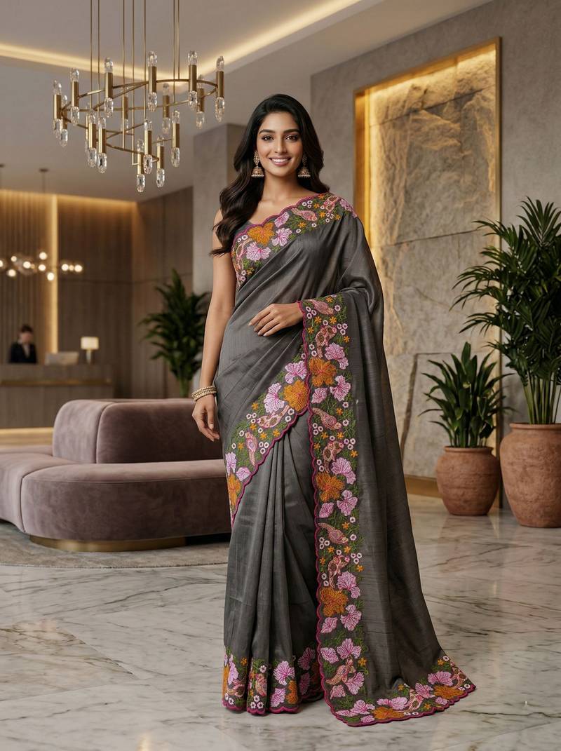 grey smart manipuri silk blend saree with multy thread embroidery work looks