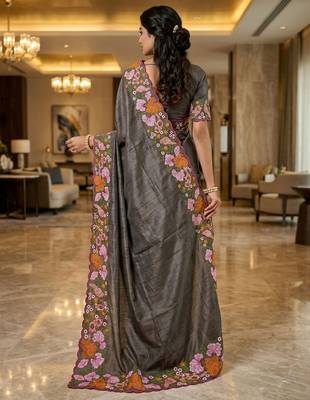 grey smart manipuri silk blend saree with multy thread embroidery work looks 2