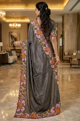 grey smart manipuri silk blend saree with multy thread embroidery work looks
