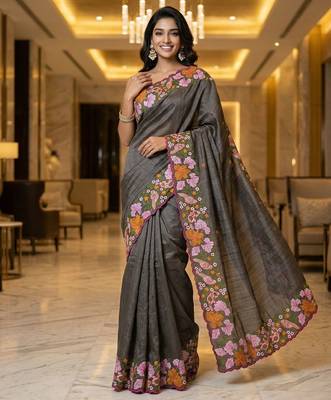 grey smart manipuri silk blend saree with multy thread embroidery work looks 3