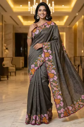 grey smart manipuri silk blend saree with multy thread embroidery work looks