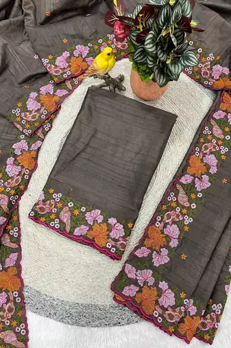 grey smart manipuri silk blend saree with multy thread embroidery work looks