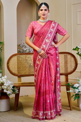 pink cotton blend zari weaving floral digital print festive saree with unstitched blouse piece