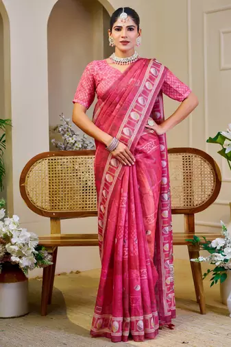 pink cotton blend zari weaving floral digital print festive saree with unstitched blouse piece
