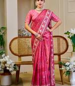 pink cotton blend zari weaving floral digital print festive saree with unstitched blouse piece