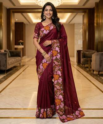 maroon smart manipuri silk blend saree with multy thread embroidery work looks 1
