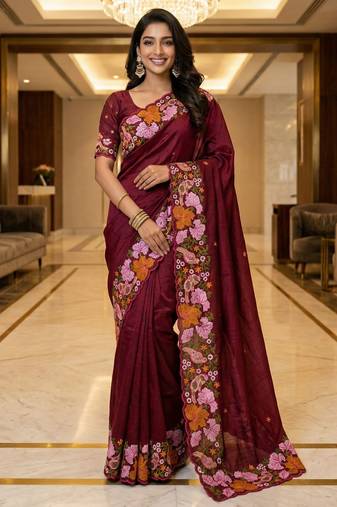 maroon smart manipuri silk blend saree with multy thread embroidery work looks