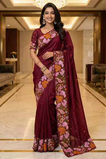 maroon smart manipuri silk blend saree with multy thread embroidery work looks