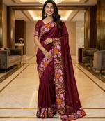maroon smart manipuri silk blend saree with multy thread embroidery work looks