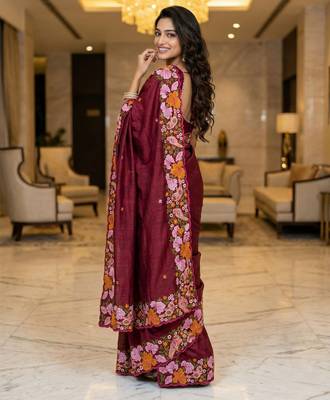 maroon smart manipuri silk blend saree with multy thread embroidery work looks 2