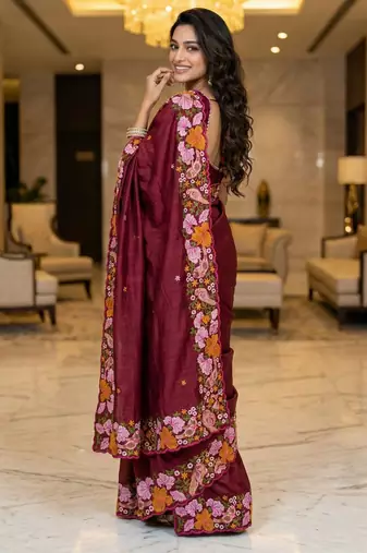 maroon smart manipuri silk blend saree with multy thread embroidery work looks