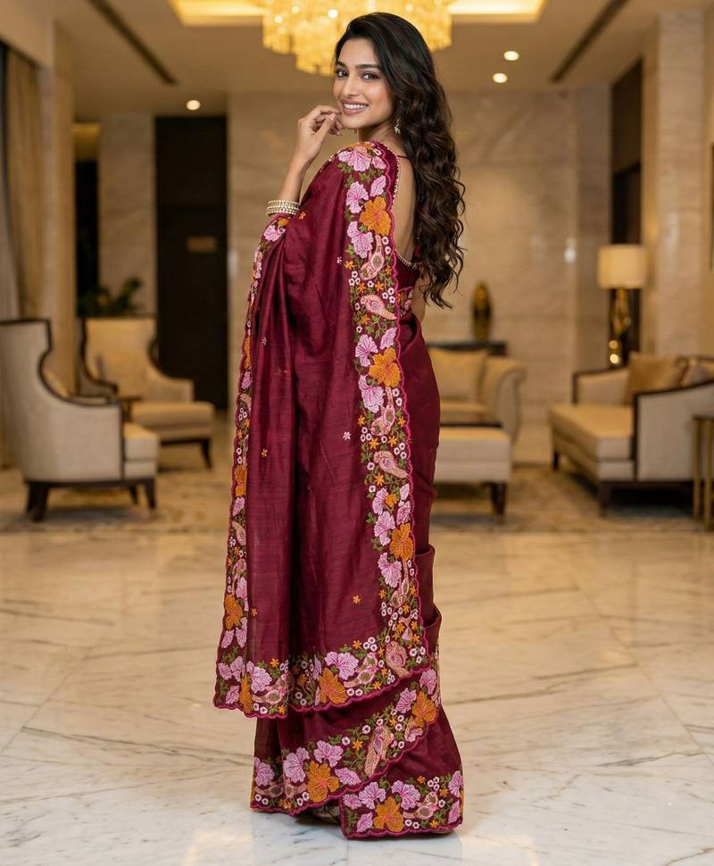 maroon smart manipuri silk blend saree with multy thread embroidery work looks