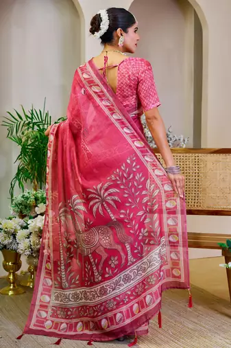 pink cotton blend zari weaving floral digital print festive saree with unstitched blouse piece
