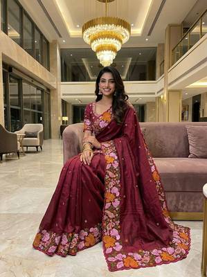 maroon smart manipuri silk blend saree with multy thread embroidery work looks 3