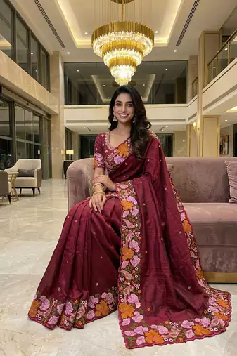 maroon smart manipuri silk blend saree with multy thread embroidery work looks