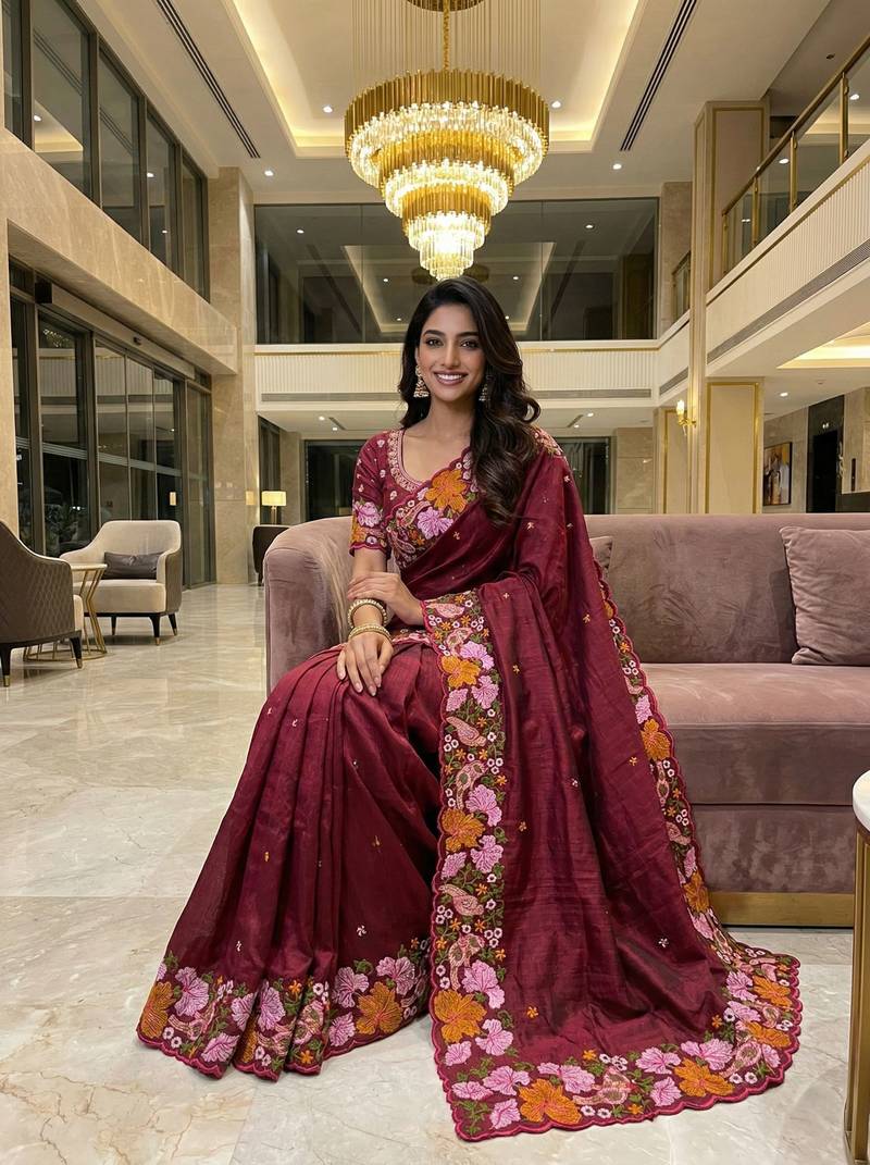 maroon smart manipuri silk blend saree with multy thread embroidery work looks