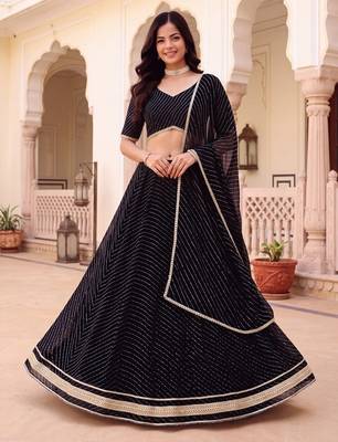 BLACK SOFT GEORGETTE ZARI COARDING WORK LEHRIYA PRINT LEHENGA CHOLI - FREE SIZE  1