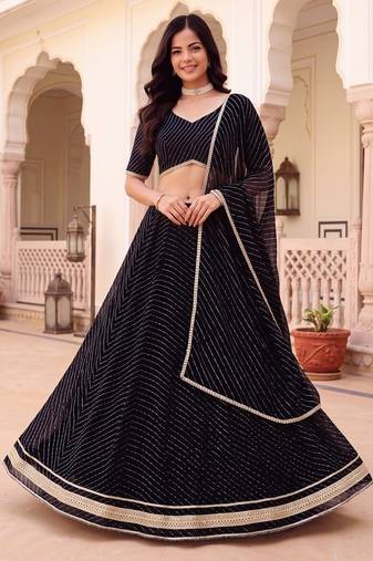 BLACK SOFT GEORGETTE ZARI COARDING WORK LEHRIYA PRINT LEHENGA CHOLI - FREE SIZE 