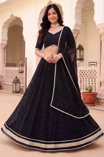 BLACK SOFT GEORGETTE ZARI COARDING WORK LEHRIYA PRINT LEHENGA CHOLI - FREE SIZE 