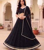 BLACK SOFT GEORGETTE ZARI COARDING WORK LEHRIYA PRINT LEHENGA CHOLI - FREE SIZE 