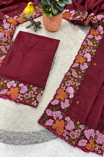 maroon smart manipuri silk blend saree with multy thread embroidery work looks