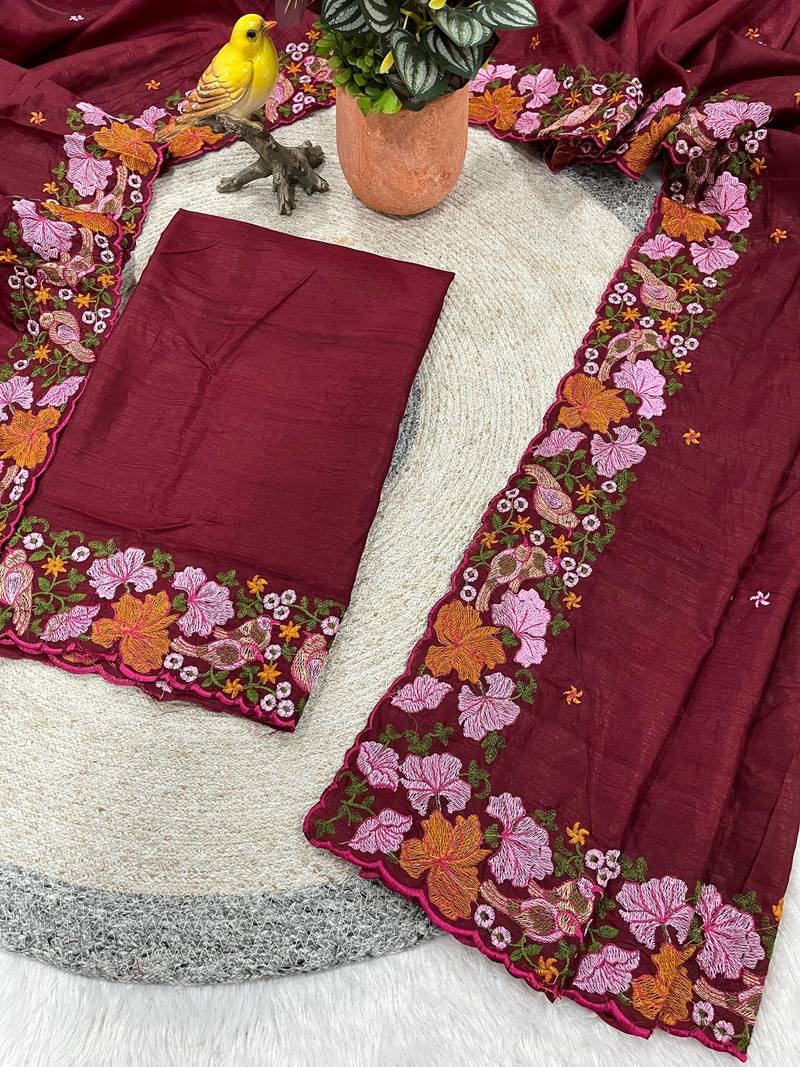 maroon smart manipuri silk blend saree with multy thread embroidery work looks