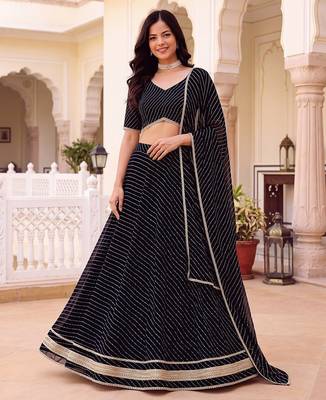 BLACK SOFT GEORGETTE ZARI COARDING WORK LEHRIYA PRINT LEHENGA CHOLI - FREE SIZE  2