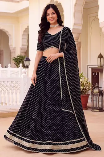 BLACK SOFT GEORGETTE ZARI COARDING WORK LEHRIYA PRINT LEHENGA CHOLI - FREE SIZE 