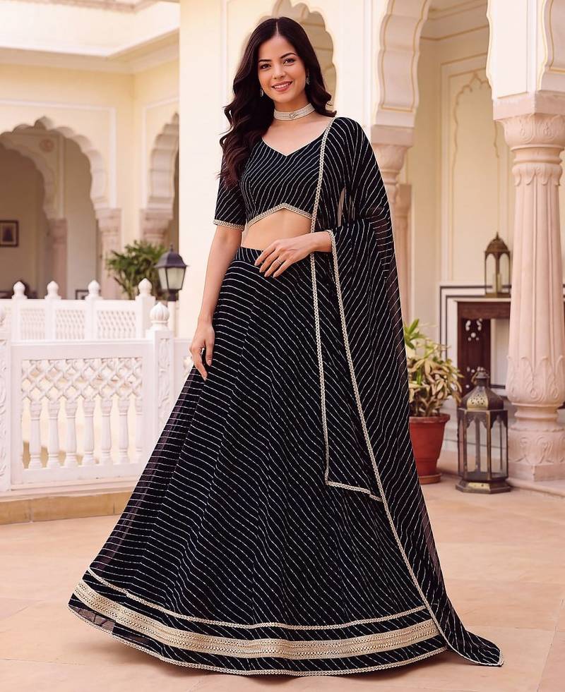 BLACK SOFT GEORGETTE ZARI COARDING WORK LEHRIYA PRINT LEHENGA CHOLI - FREE SIZE 