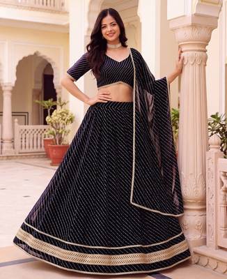 BLACK SOFT GEORGETTE ZARI COARDING WORK LEHRIYA PRINT LEHENGA CHOLI - FREE SIZE  3