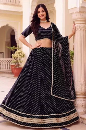 BLACK SOFT GEORGETTE ZARI COARDING WORK LEHRIYA PRINT LEHENGA CHOLI - FREE SIZE 