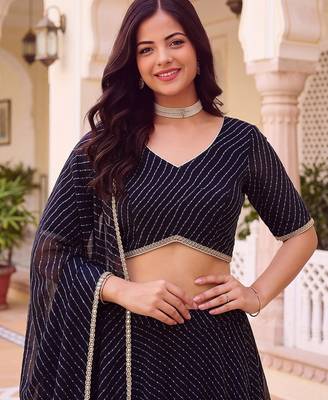 BLACK SOFT GEORGETTE ZARI COARDING WORK LEHRIYA PRINT LEHENGA CHOLI - FREE SIZE  4