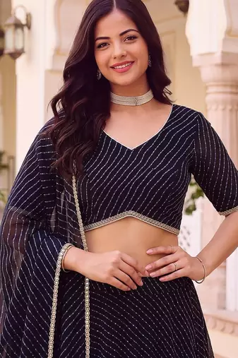 BLACK SOFT GEORGETTE ZARI COARDING WORK LEHRIYA PRINT LEHENGA CHOLI - FREE SIZE 