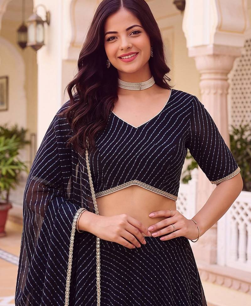 BLACK SOFT GEORGETTE ZARI COARDING WORK LEHRIYA PRINT LEHENGA CHOLI - FREE SIZE 