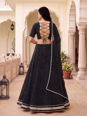 BLACK SOFT GEORGETTE ZARI COARDING WORK LEHRIYA PRINT LEHENGA CHOLI - FREE SIZE  5